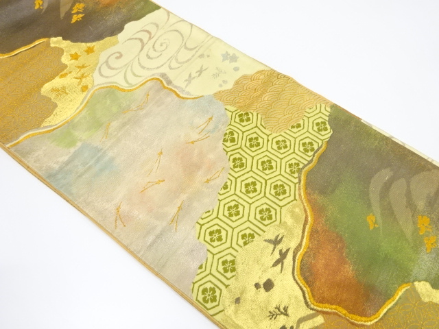 アンティーク　霞取りに流水・花・古典柄模様織り出し袋帯（材料）